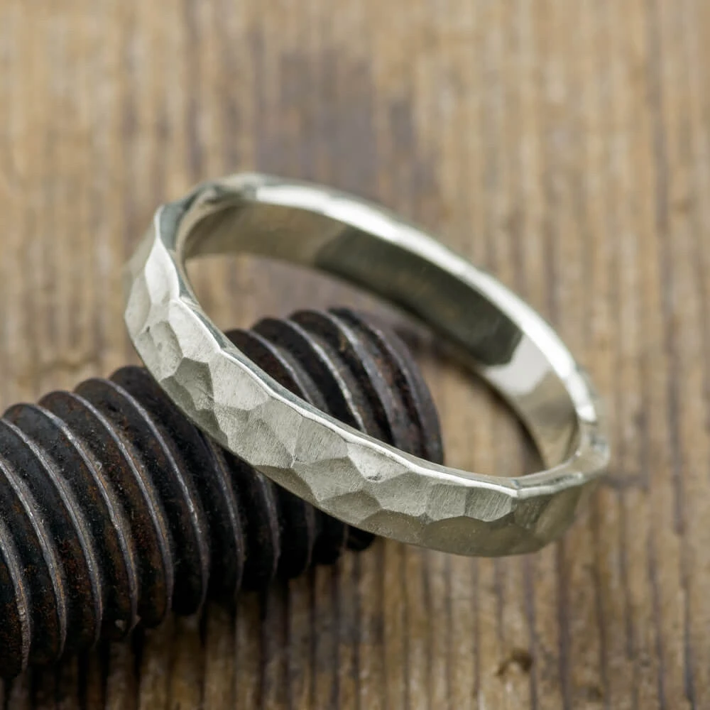 4mm Comfort Fit 14k White Gold, Mens Wedding Ring, Hammered Matte 3 4mm Comfort Fit 14k White Gold, Mens Wedding Ring, Hammered Matte - Image 3