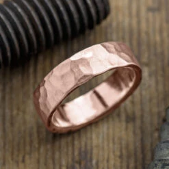 6mm Comfort Fit, 14k Rose Gold Mens Wedding Band, Hammered Matte