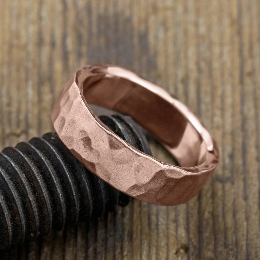 6mm 14k Rose Gold Mens Wedding Band, Hammered Matte 3 6mm 14k Rose Gold Mens Wedding Band, Hammered Matte - Image 3