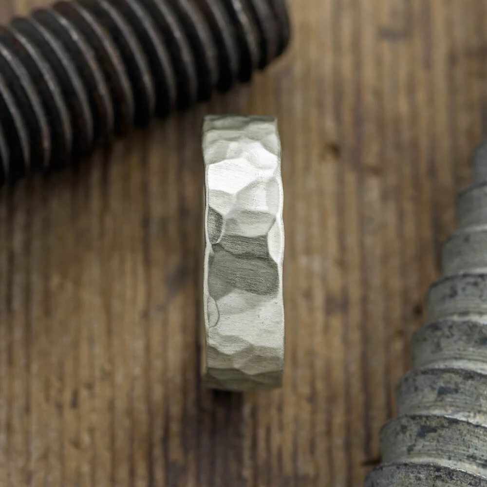 6mm 14k White Gold Mens Wedding Band, Hammered Matte 2 6mm 14k White Gold Mens Wedding Band, Hammered Matte - Image 2