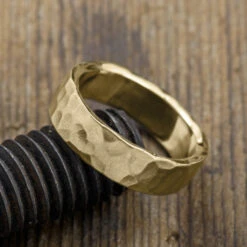 6mm 14k Yellow Gold Mens Wedding Band, Hammered Matte 6 6mm 14k Yellow Gold Mens Wedding Band, Hammered Matte -Point No Point Studio Store 1600086YG C