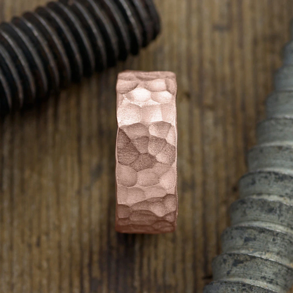 8mm 14k Rose Gold Mens Wedding Band, Hammered Matte 3 8mm 14k Rose Gold Mens Wedding Band, Hammered Matte - Image 3