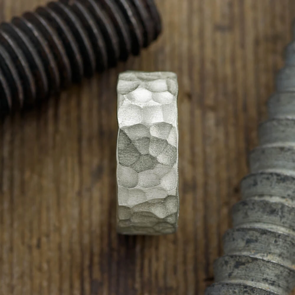 8mm 14k White Gold Hammered Mens Wedding Band, Matte Finish 3 8mm 14k White Gold Hammered Mens Wedding Band, Matte Finish - Image 3