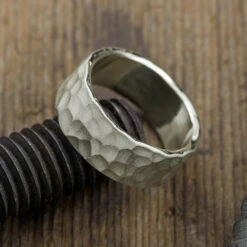 8mm 14k White Gold Hammered Mens Wedding Band, Matte Finish 7 8mm 14k White Gold Hammered Mens Wedding Band, Matte Finish -Point No Point Studio Store 1600087WG C