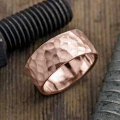 10mm 14k Rose Gold Mens Wedding Band, Hammered Matte