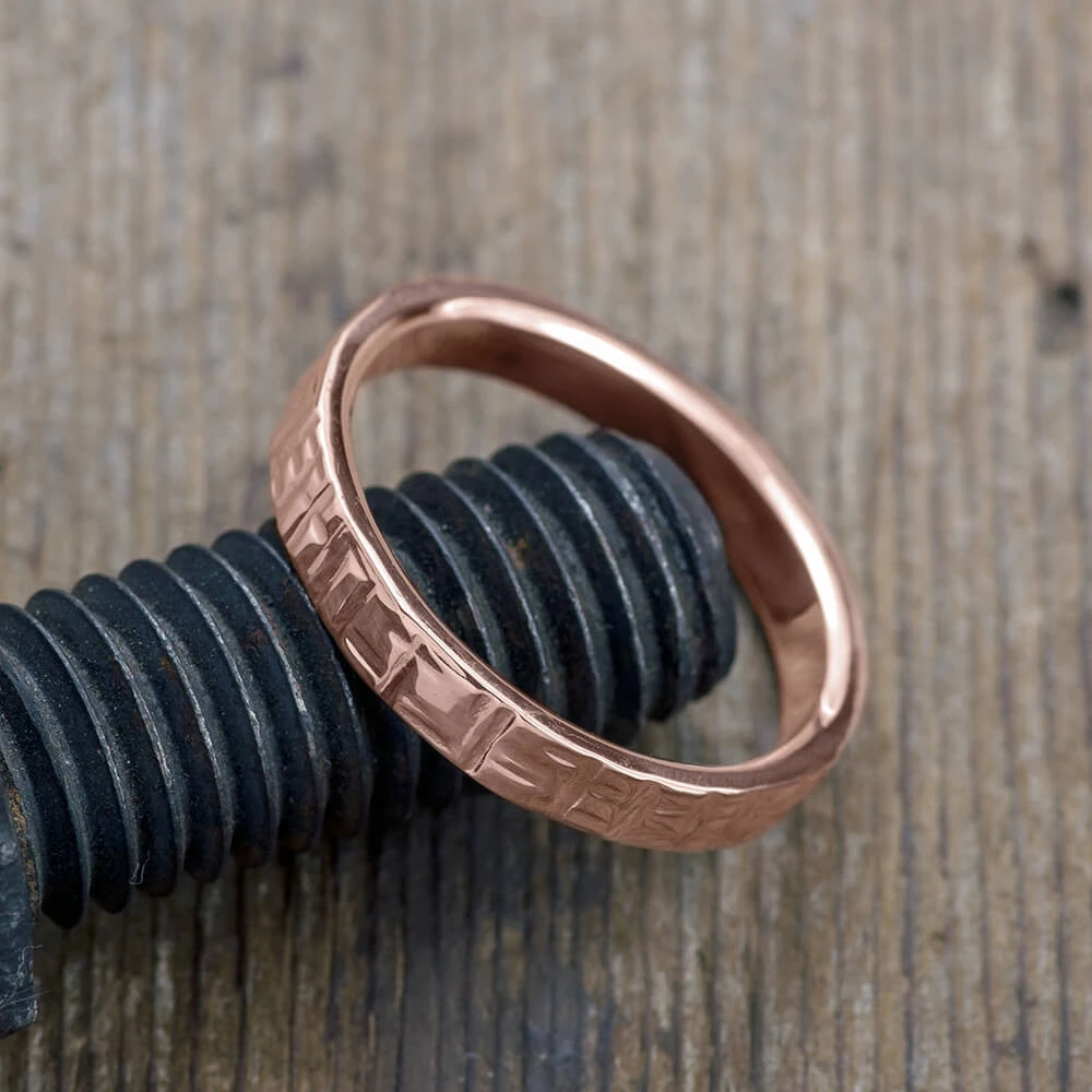 4mm, Comfort Fit, 14k Rose Gold Mens Wedding Band, Textured Polished 3 4mm, Comfort Fit, 14k Rose Gold Mens Wedding Band, Textured Polished - Image 3