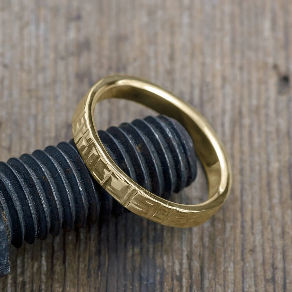 4mm Textured 14k Yellow Gold Men's Wedding Band, High Polish 3 4mm Textured 14k Yellow Gold Men's Wedding Band, High Polish - Image 3