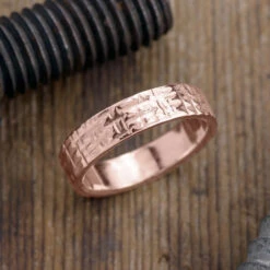 6mm, Comfort Fit, 14k Rose Gold Mens Wedding Band, Textured Polished