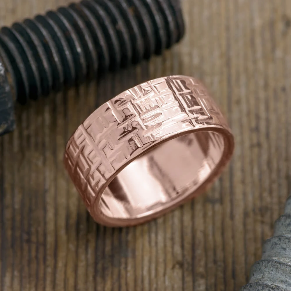 10mm 14k Rose Gold Mens Wedding Band, Textured Polished 1 10mm 14k Rose Gold Mens Wedding Band, Textured Polished