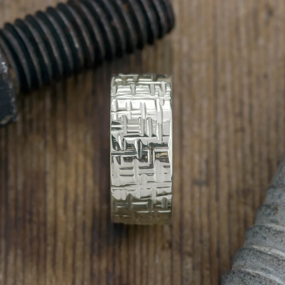 10mm 14k White Gold Mens Wedding Band, Textured Polished 3 10mm 14k White Gold Mens Wedding Band, Textured Polished - Image 3