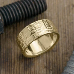 10mm, Comfort Fit, 14k Yellow Gold Mens Wedding Band, Textured Polished