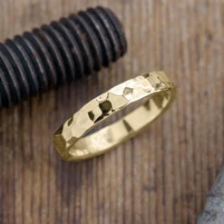 4mm Comfort Fit 14k Yellow Gold Mens Wedding Ring, Hammered Polished