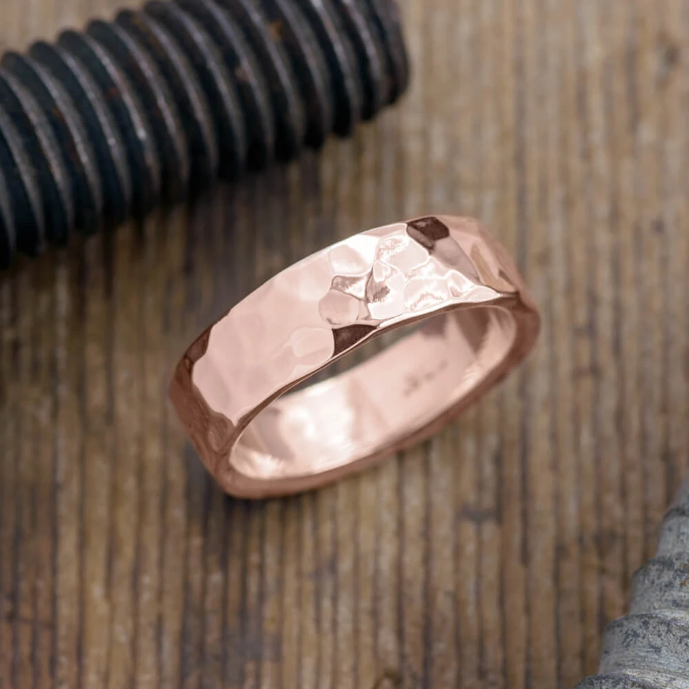 6mm 14k Rose Gold Mens Wedding Band, Hammered Polished 1 6mm 14k Rose Gold Mens Wedding Band, Hammered Polished