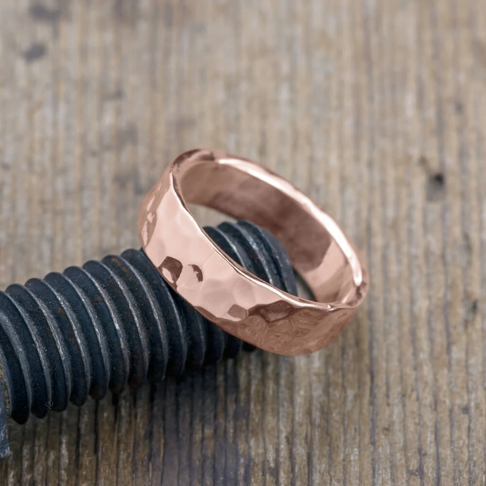 6mm 14k Rose Gold Mens Wedding Band, Hammered Polished 3 6mm 14k Rose Gold Mens Wedding Band, Hammered Polished - Image 3