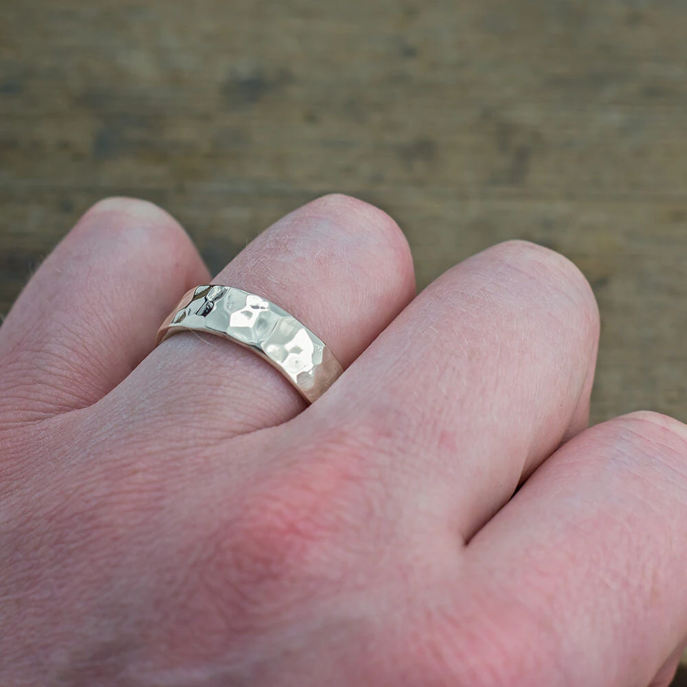 6mm 14k White Gold Mens Wedding Band, Hammered Polished 4 6mm 14k White Gold Mens Wedding Band, Hammered Polished - Image 4