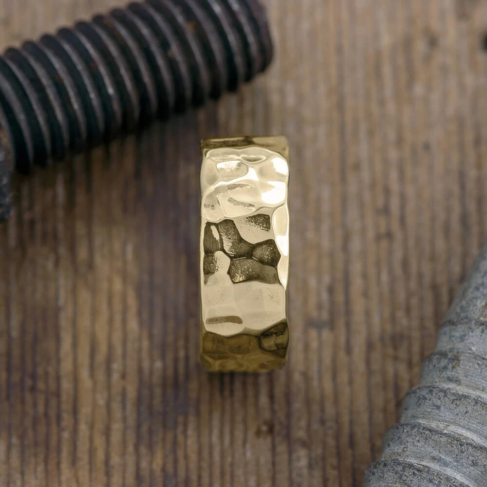 8mm, Comfort Fit, 14k Yellow Gold Hammered Mens Wedding Band, High Polish 3 8mm, Comfort Fit, 14k Yellow Gold Hammered Mens Wedding Band, High Polish - Image 3