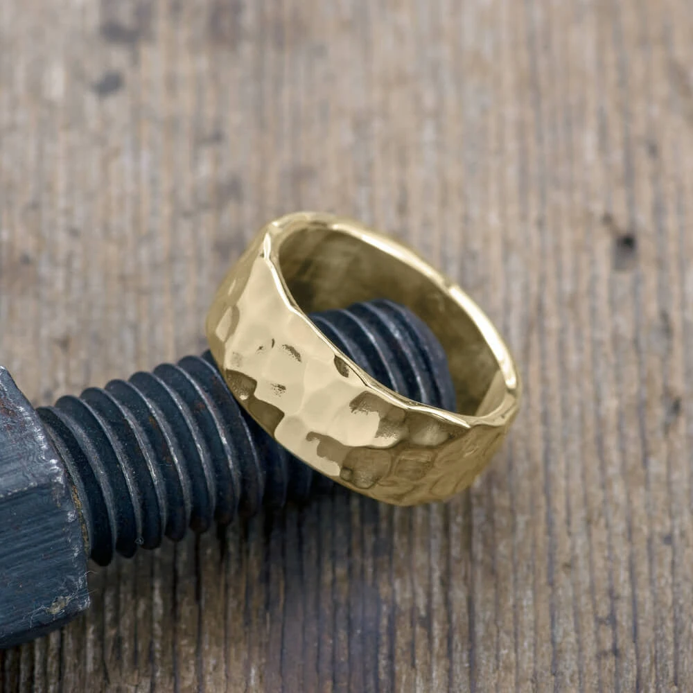 8mm, Comfort Fit, 14k Yellow Gold Hammered Mens Wedding Band, High Polish 4 8mm, Comfort Fit, 14k Yellow Gold Hammered Mens Wedding Band, High Polish - Image 4