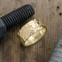 10mm 14k Yellow Gold Mens Wedding Band, Hammered Polished