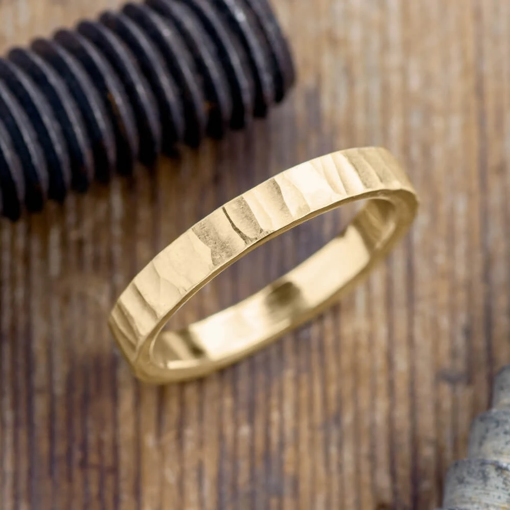 4mm 14k Yellow Gold Mens Wedding Band, Wood Grain Matte 1 4mm 14k Yellow Gold Mens Wedding Band, Wood Grain Matte