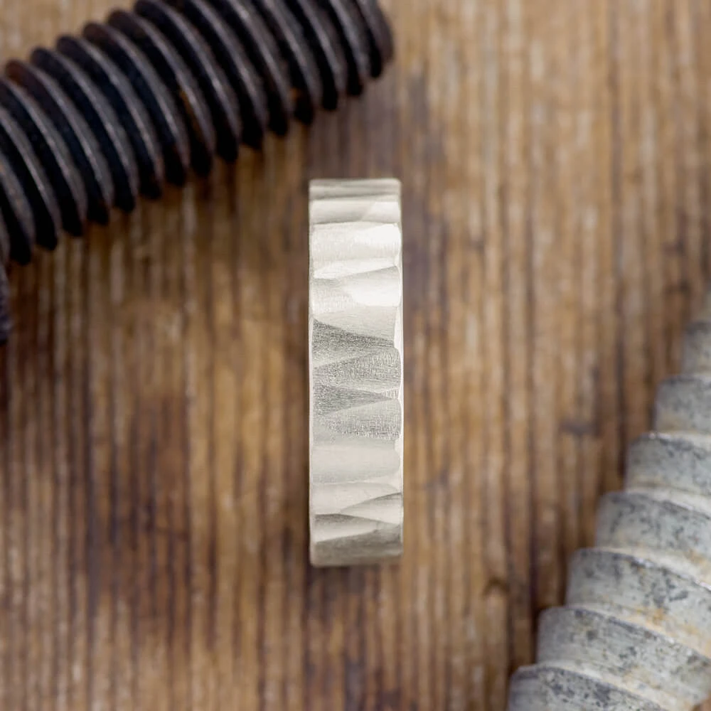 6mm Comfort Fit,14k White Gold Mens Wedding Band Wood Grain, Matte 2 6mm Comfort Fit,14k White Gold Mens Wedding Band Wood Grain, Matte - Image 2