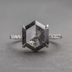 2.57 Carat Black Speckled Hexagon Diamond Engagement Ring, Juliette Setting, 14k White Gold