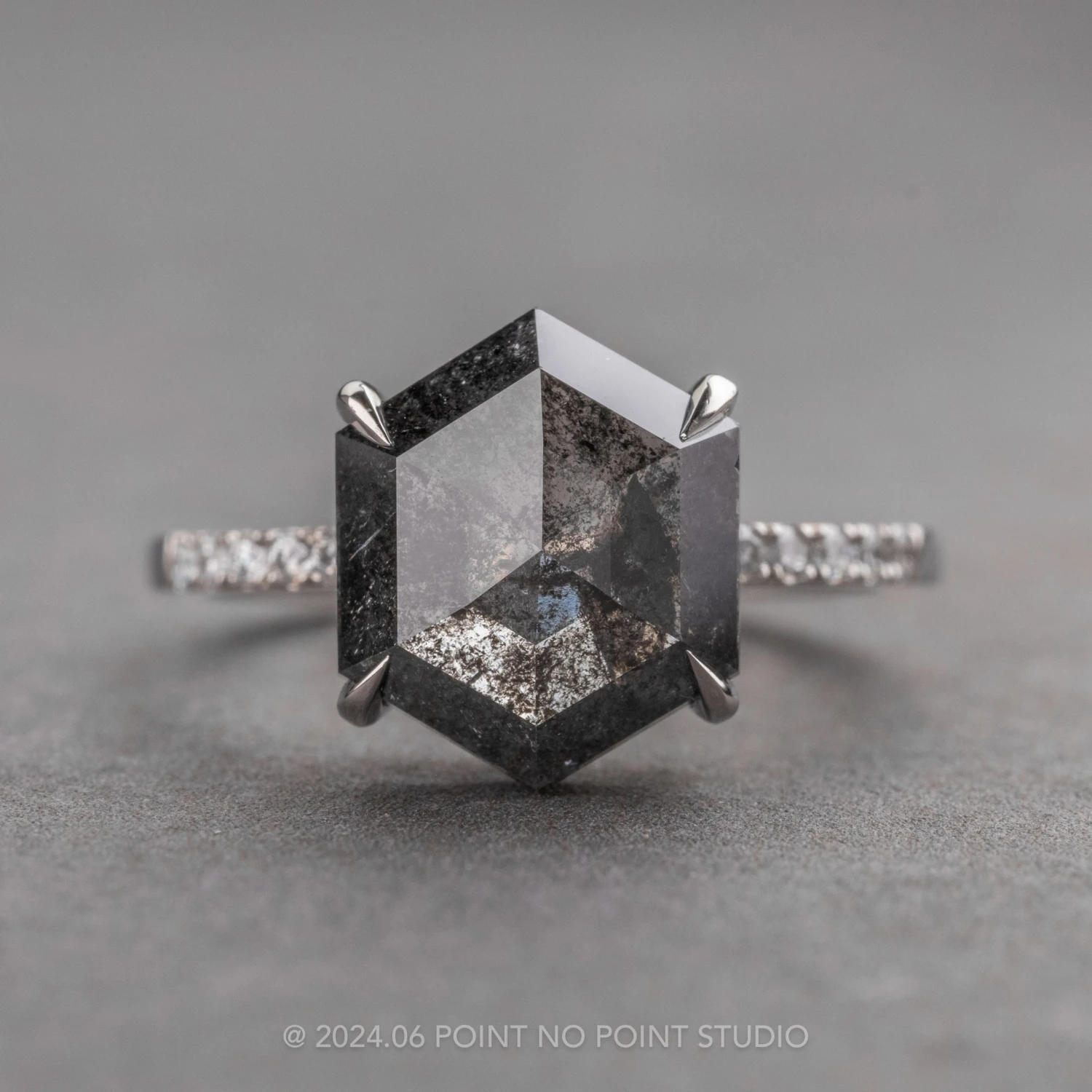 2.57 Carat Black Speckled Hexagon Diamond Engagement Ring, Juliette Setting, 14k White Gold 1 2.57 Carat Black Speckled Hexagon Diamond Engagement Ring, Juliette Setting, 14k White Gold