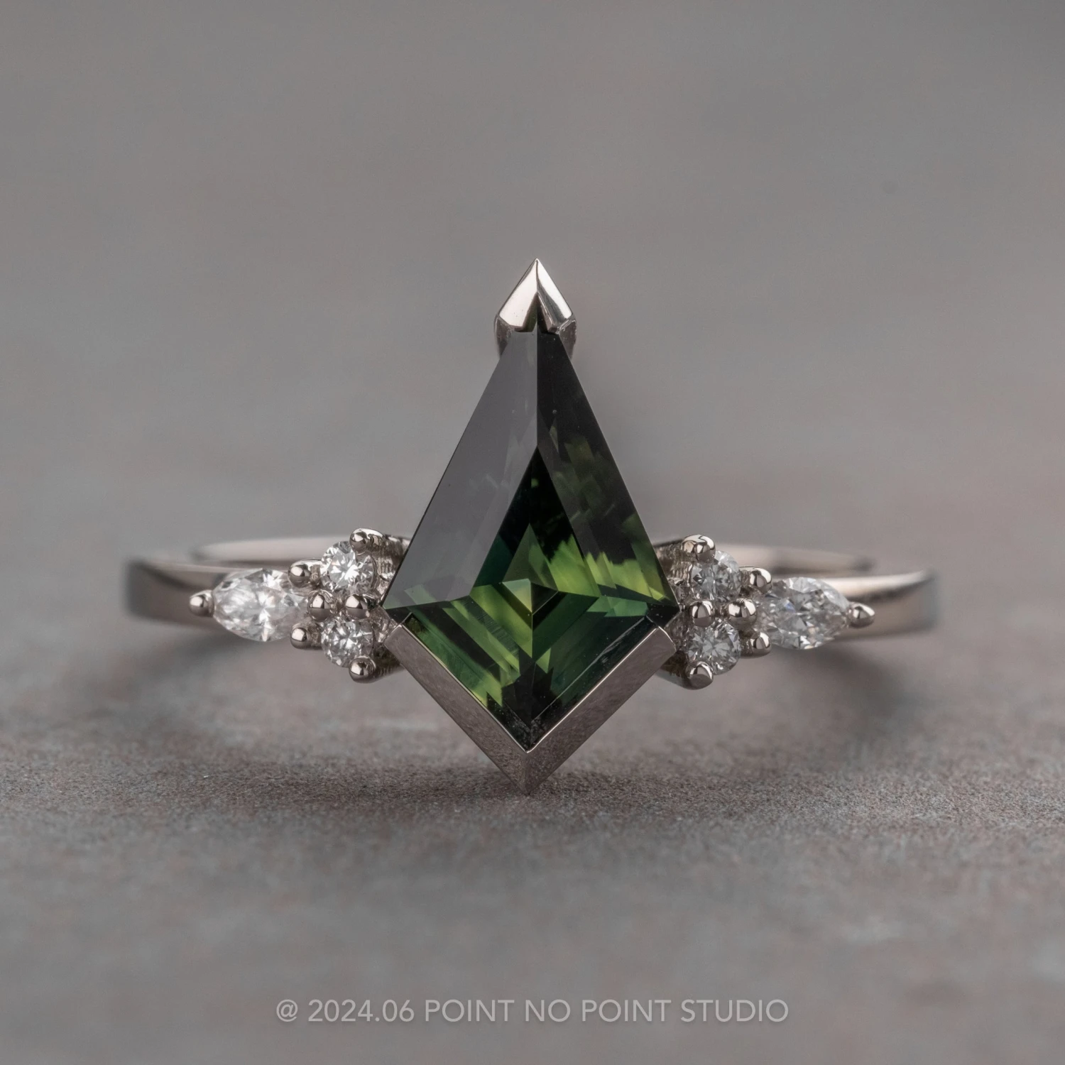 2.21 Carat Teal Kite Sapphire And Diamond Engagement Ring, Quinn Setting, Platinum 1 2.21 Carat Teal Kite Sapphire And Diamond Engagement Ring, Quinn Setting, Platinum