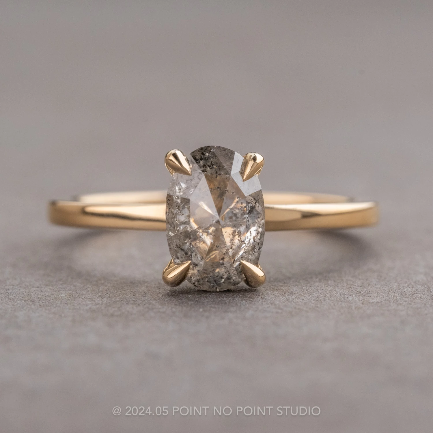 1.25 Carat Canadian Salt And Pepper Oval Diamond Engagement Ring, Tulip Basket Jane Setting, 14K Yellow Gold 1 1.25 Carat Canadian Salt And Pepper Oval Diamond Engagement Ring, Tulip Basket Jane Setting, 14K Yellow Gold