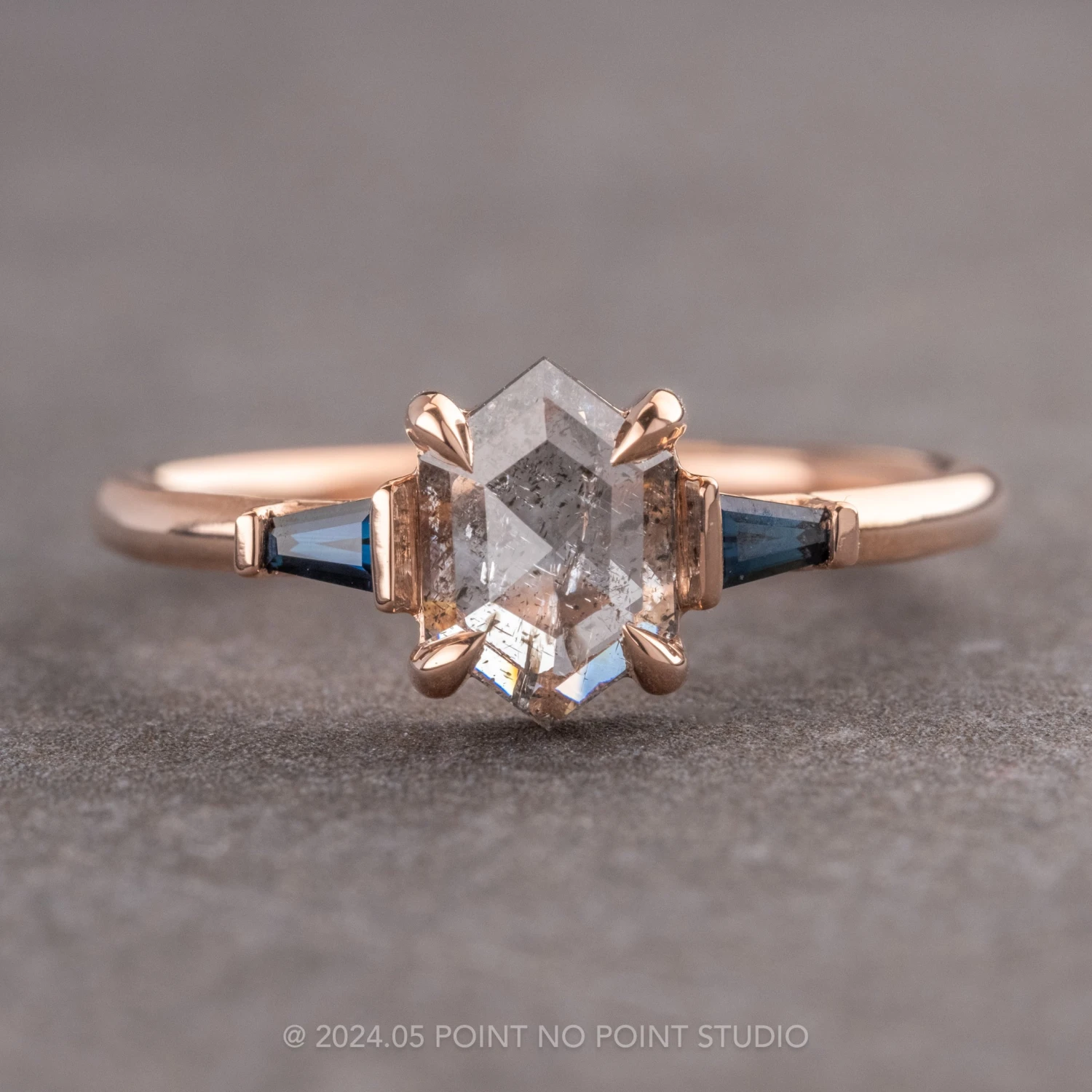 1.63 Carat Icy White Hexagon Diamond Engagement Ring, Zoe Setting, 14k Rose Gold 1 1.63 Carat Icy White Hexagon Diamond Engagement Ring, Zoe Setting, 14k Rose Gold