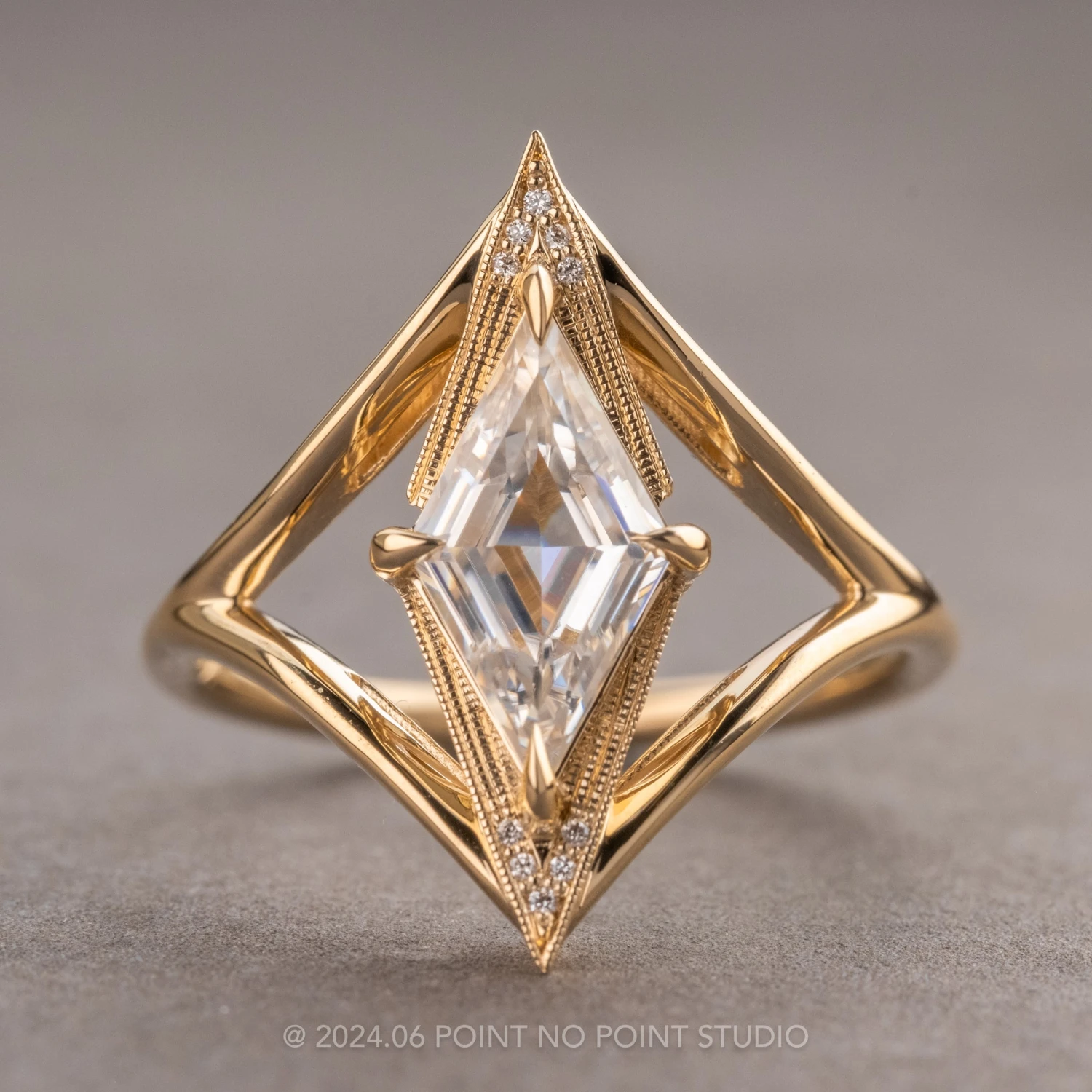 1.21 Carat Kite Moissanite And Diamond Engagement Ring, Arwen Setting, 14k Yellow Gold 1 1.21 Carat Kite Moissanite And Diamond Engagement Ring, Arwen Setting, 14k Yellow Gold