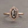 1.48 Carat Black Speckled Hexagon Diamond Engagement Ring, Halo Setting, 14k Rose Gold