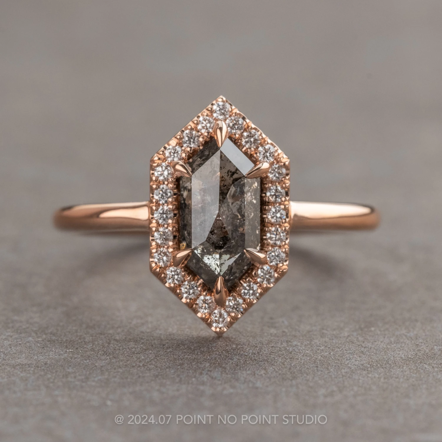 1.48 Carat Black Speckled Hexagon Diamond Engagement Ring, Halo Setting, 14k Rose Gold 1 1.48 Carat Black Speckled Hexagon Diamond Engagement Ring, Halo Setting, 14k Rose Gold