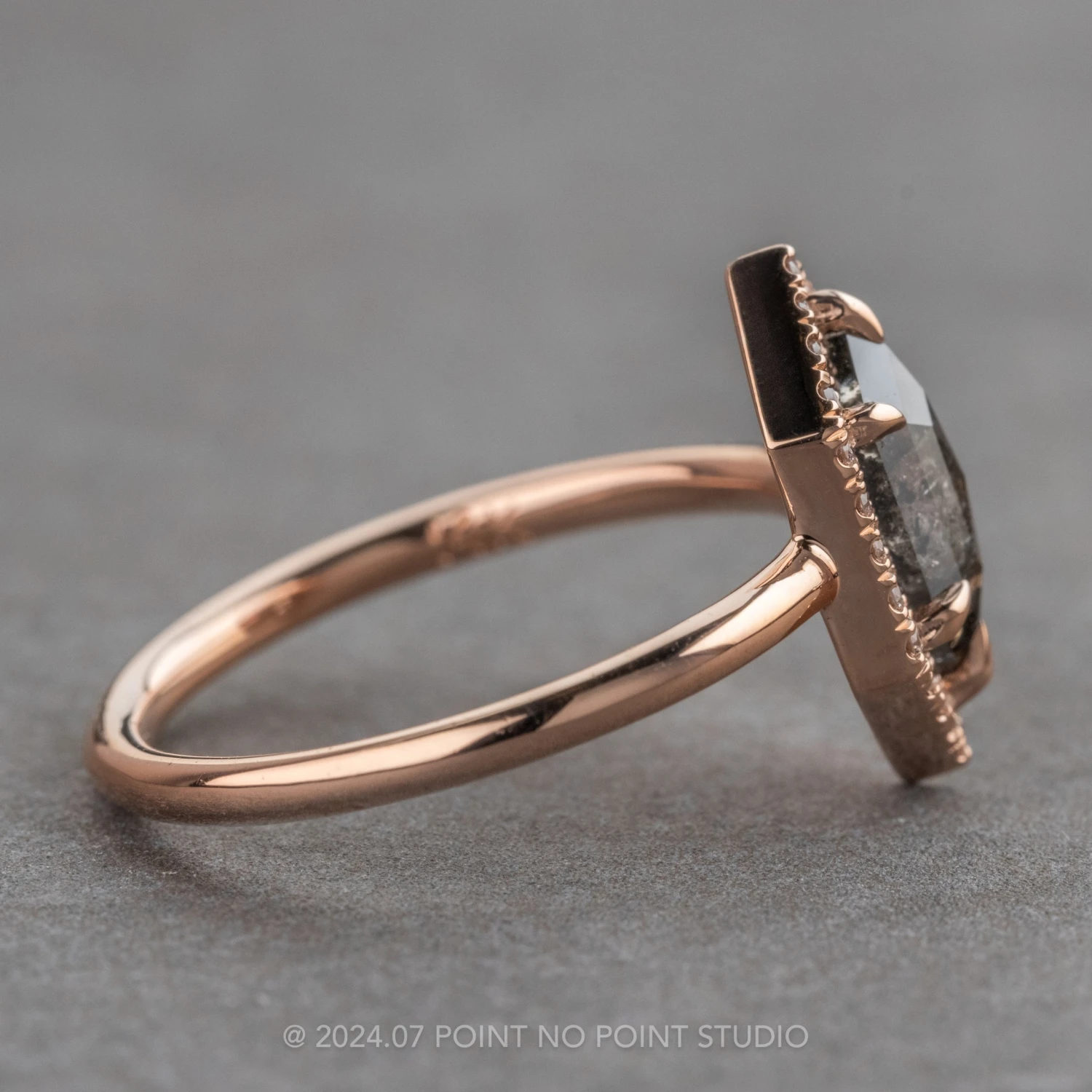 1.48 Carat Black Speckled Hexagon Diamond Engagement Ring, Halo Setting, 14k Rose Gold 5 1.48 Carat Black Speckled Hexagon Diamond Engagement Ring, Halo Setting, 14k Rose Gold - Image 5