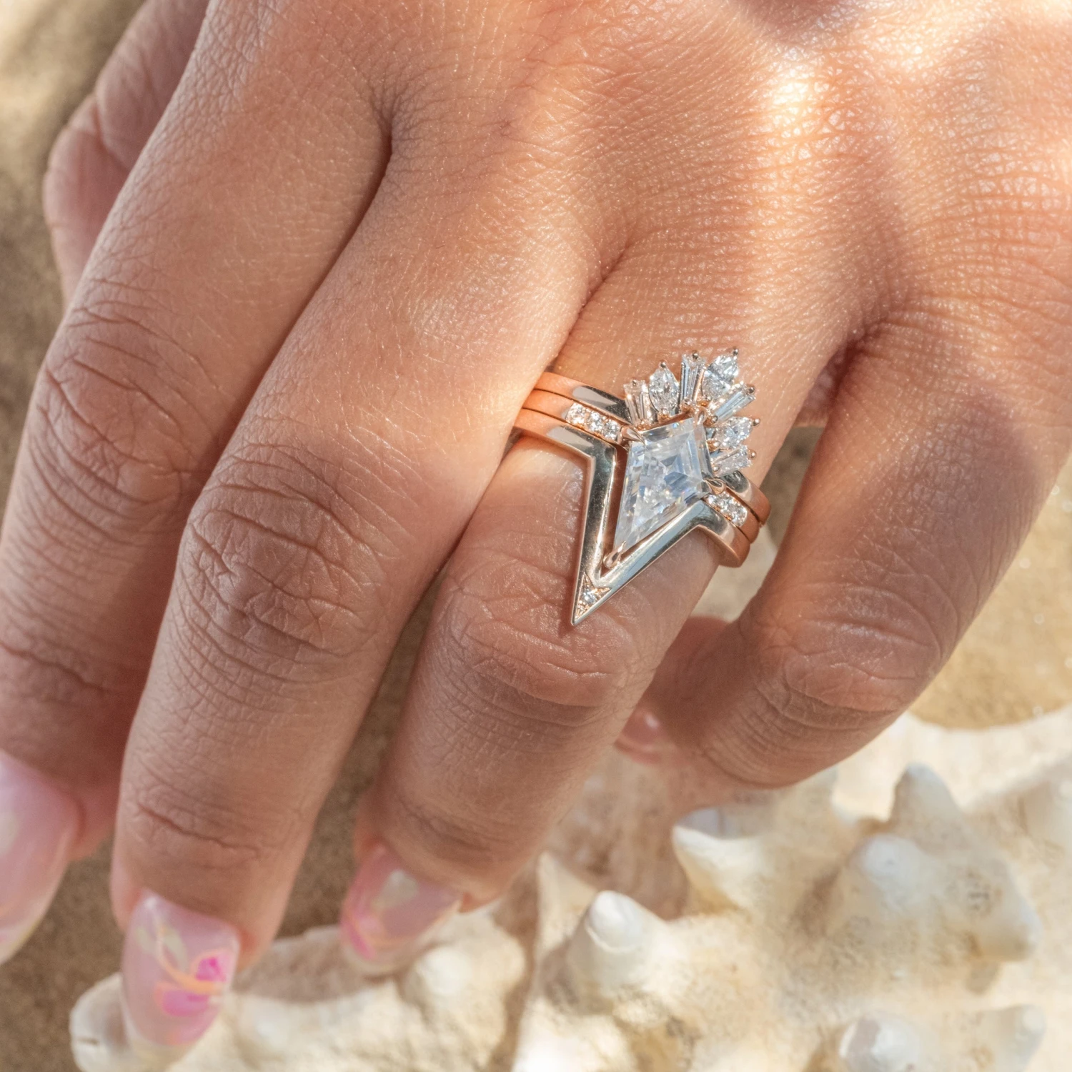 1.56 Carat Kite Moissanite And Diamond Engagement Ring, Jules Setting, 14K Rose Gold 2 1.56 Carat Kite Moissanite And Diamond Engagement Ring, Jules Setting, 14K Rose Gold - Image 2