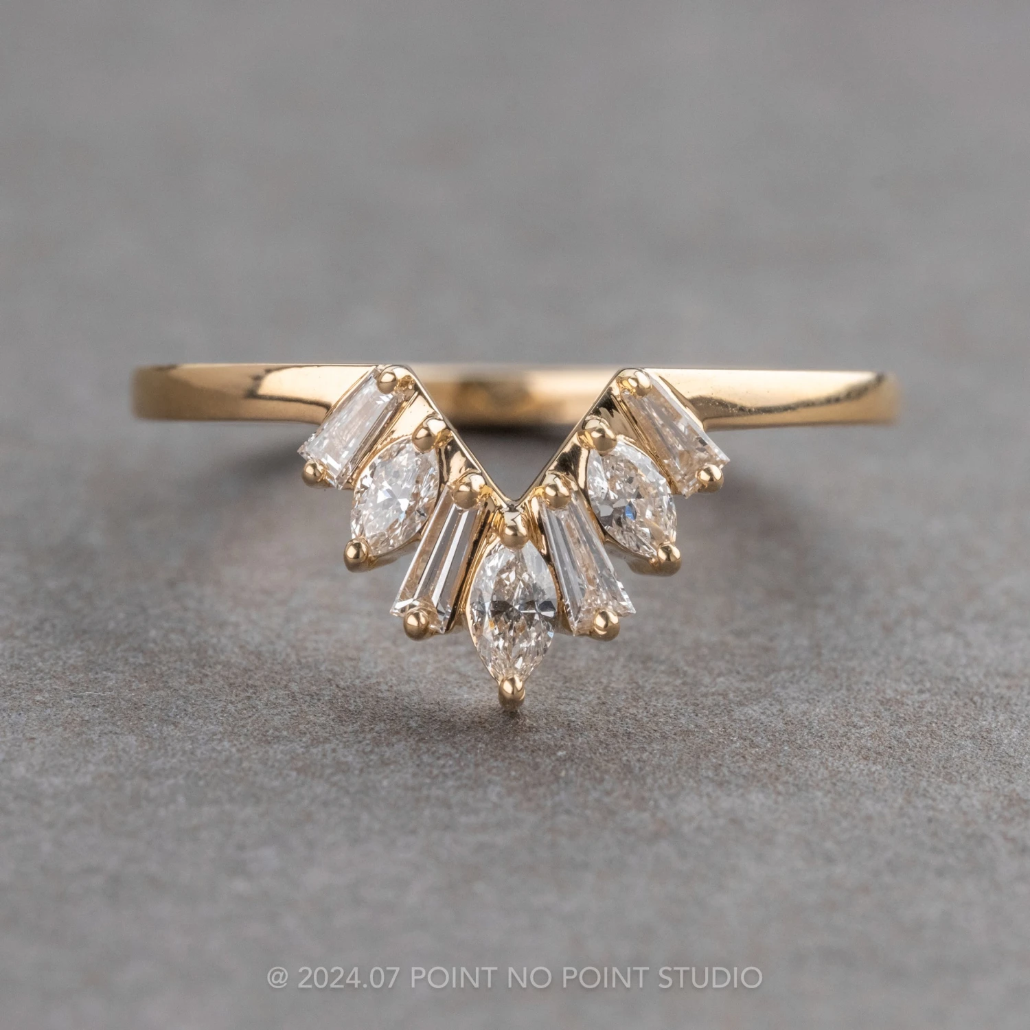 Marquise And Baguette White Diamond Squared Wedding Band, Thyme Setting, 14K Yellow Gold 1 Marquise And Baguette White Diamond Squared Wedding Band, Thyme Setting, 14K Yellow Gold