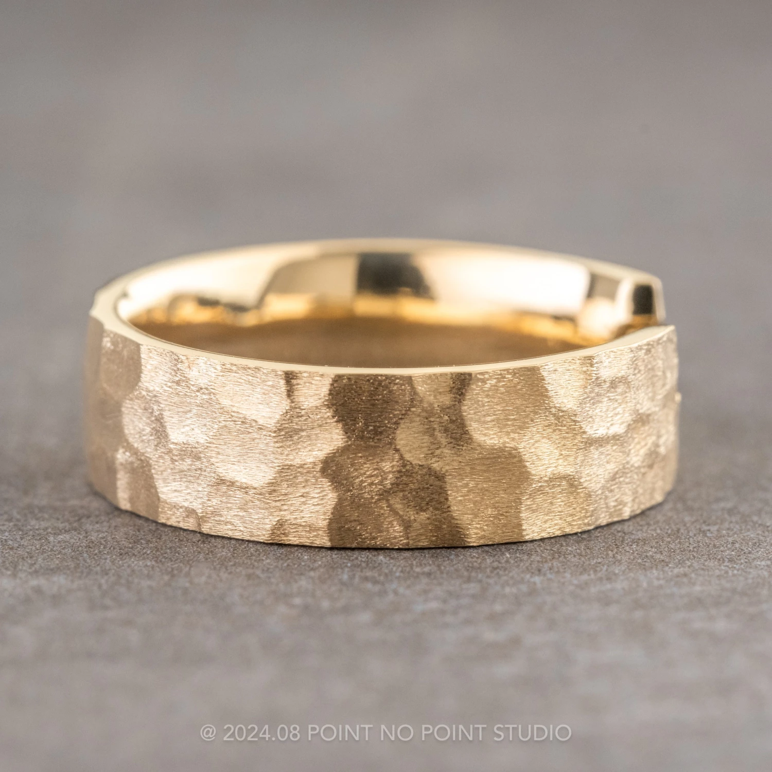 Hammered Ellipse Setting, 6mm 14k Yellow Gold Comfort Fit Wedding Band, Matte Finish 4 Hammered Ellipse Setting, 6mm 14k Yellow Gold Comfort Fit Wedding Band, Matte Finish - Image 4