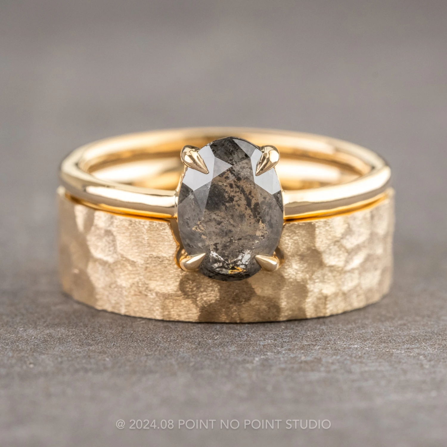 Hammered Ellipse Setting, 6mm 14k Yellow Gold Comfort Fit Wedding Band, Matte Finish 3 Hammered Ellipse Setting, 6mm 14k Yellow Gold Comfort Fit Wedding Band, Matte Finish - Image 3