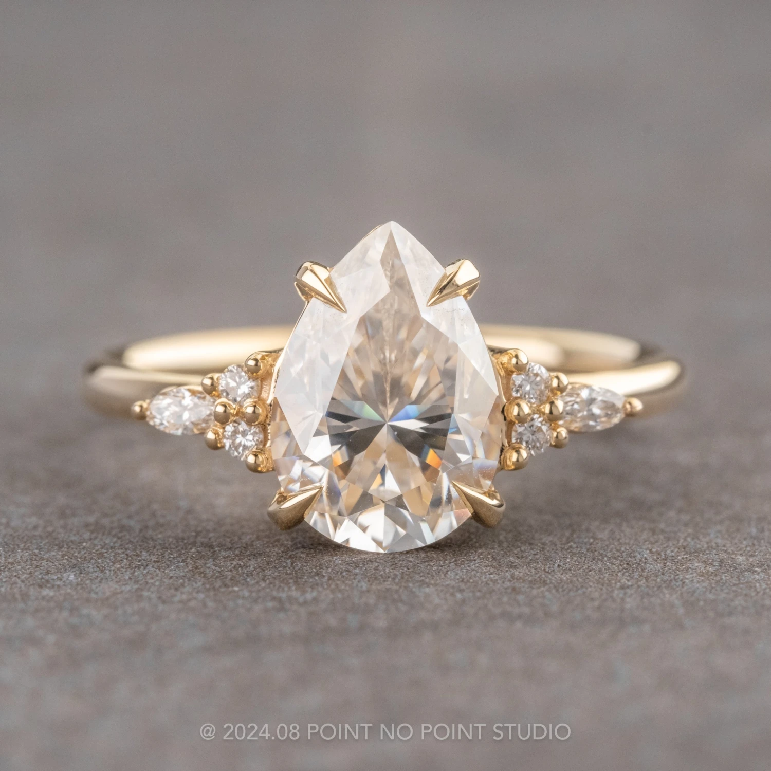 2.08 Carat Pear Moissanite And Diamond Engagement Ring, Quinn Setting, 14K Yellow Gold 1 2.08 Carat Pear Moissanite And Diamond Engagement Ring, Quinn Setting, 14K Yellow Gold