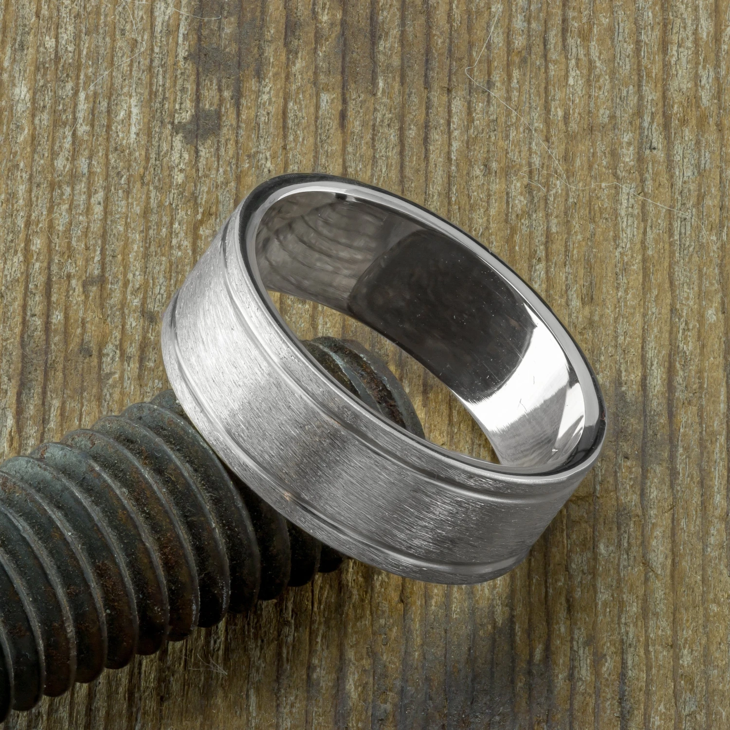 8mm 14K White Gold Mens Double Channel Wedding Ring, Matte Finish 4 8mm 14K White Gold Mens Double Channel Wedding Ring, Matte Finish - Image 4