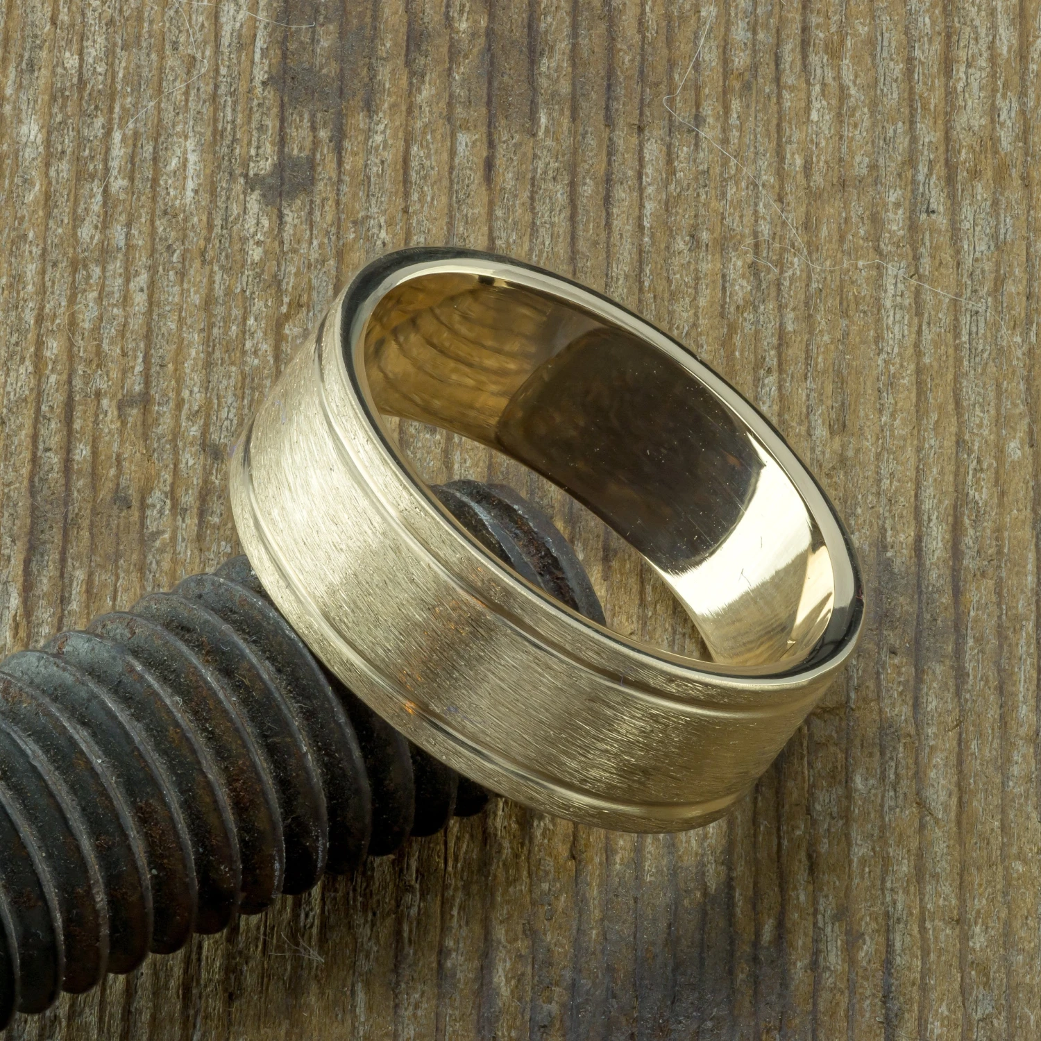 8mm Men's Double Channel Wedding Ring, Yellow Gold Brushed Matte 4 8mm Men's Double Channel Wedding Ring, Yellow Gold Brushed Matte - Image 4