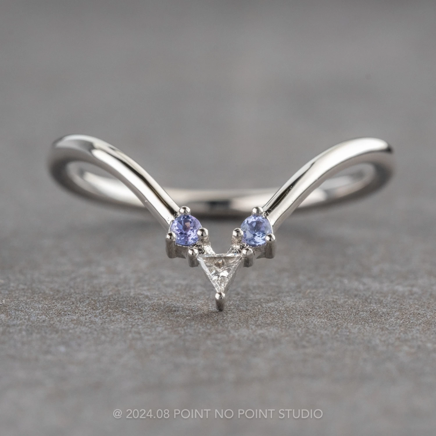 Triangle Diamond And Tanzanite Rounded Wedding Band, Vivian Setting, Platinum 1 Triangle Diamond And Tanzanite Rounded Wedding Band, Vivian Setting, Platinum