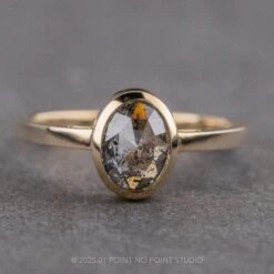 1.27 Carat Salt And Pepper Oval Diamond Engagement Ring, Bezel Jane Setting, 14k Yellow Gold