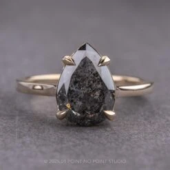 4.15 Carat Black Speckled Pear Diamond Engagement Ring, Lark Setting, 14k Yellow Gold