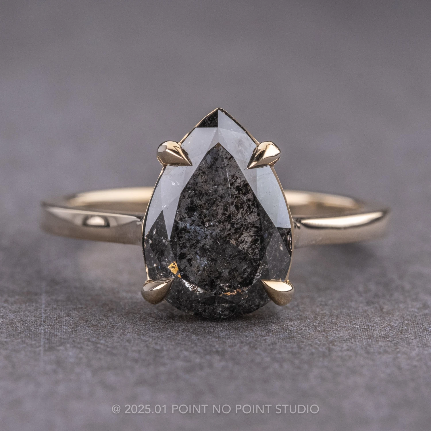 4.15 Carat Black Speckled Pear Diamond Engagement Ring, Lark Setting, 14k Yellow Gold 1 4.15 Carat Black Speckled Pear Diamond Engagement Ring, Lark Setting, 14k Yellow Gold