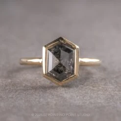 2.21 Carat Black Speckled Hexagon Diamond Engagement Ring, Bezel Jane Setting, 14k Yellow Gold