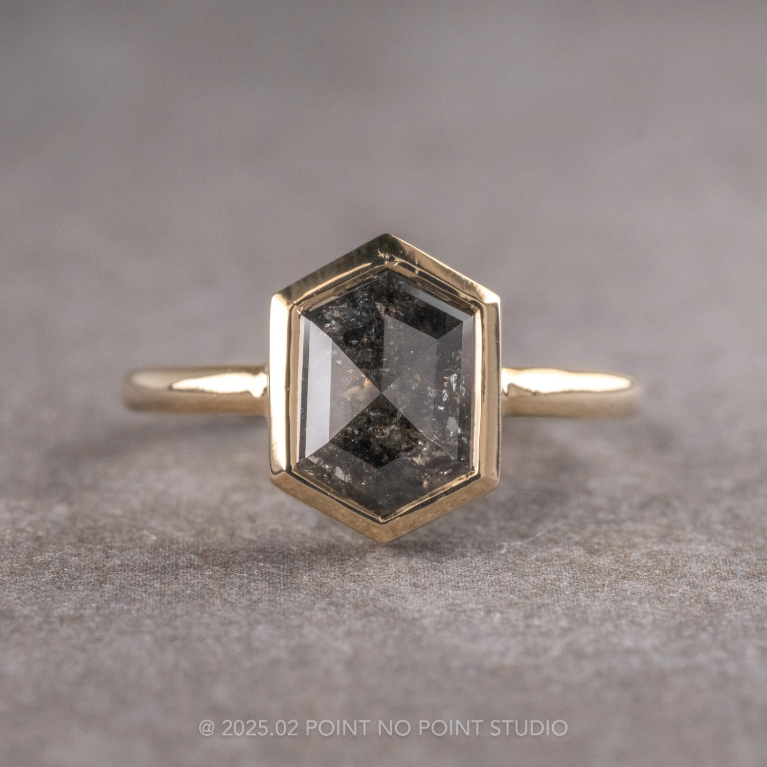 2.21 Carat Black Speckled Hexagon Diamond Engagement Ring, Bezel Jane Setting, 14k Yellow Gold 1 2.21 Carat Black Speckled Hexagon Diamond Engagement Ring, Bezel Jane Setting, 14k Yellow Gold