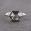 2.10 Carat Black Speckled Hexagon Diamond Engagement Ring, Basket Jane Setting, 14k White Gold