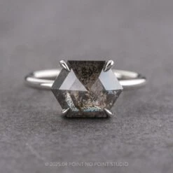 2.10 Carat Black Speckled Hexagon Diamond Engagement Ring, Basket Jane Setting, 14k White Gold