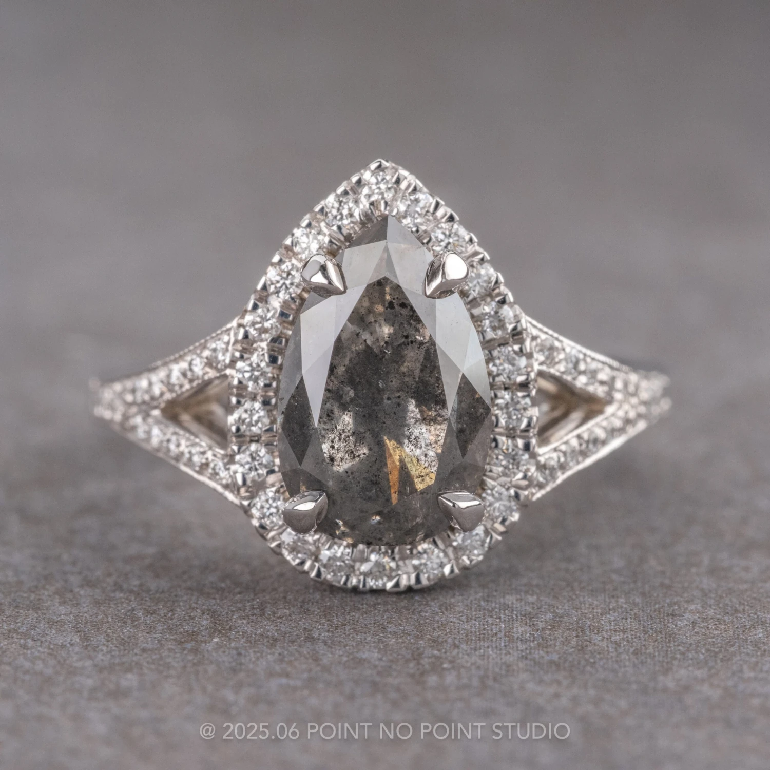 2.23 Carat Salt & Pepper Pear Diamond Engagement Ring, Cascade Setting, 14k White Gold 1 2.23 Carat Salt & Pepper Pear Diamond Engagement Ring, Cascade Setting, 14k White Gold