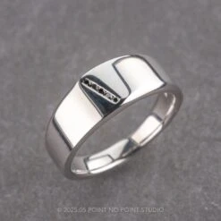 Black Diamond Mens Waved Signet Ring, 14K White Gold 12 Black Diamond Mens Waved Signet Ring, 14K White Gold -Point No Point Studio Store 18349 3